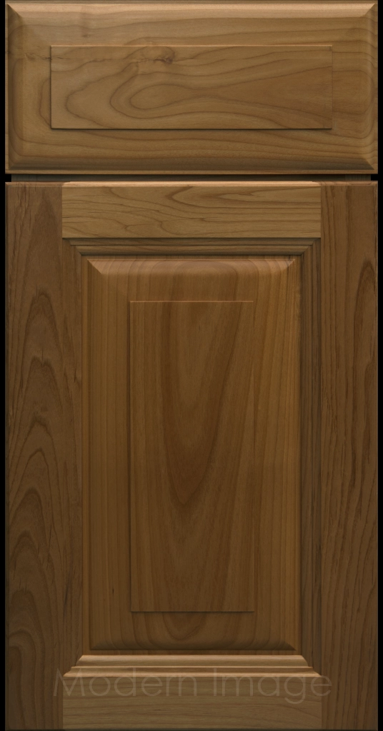 Durango raised panel cabinet door in a Brown stain featuring a stepped molded frame.